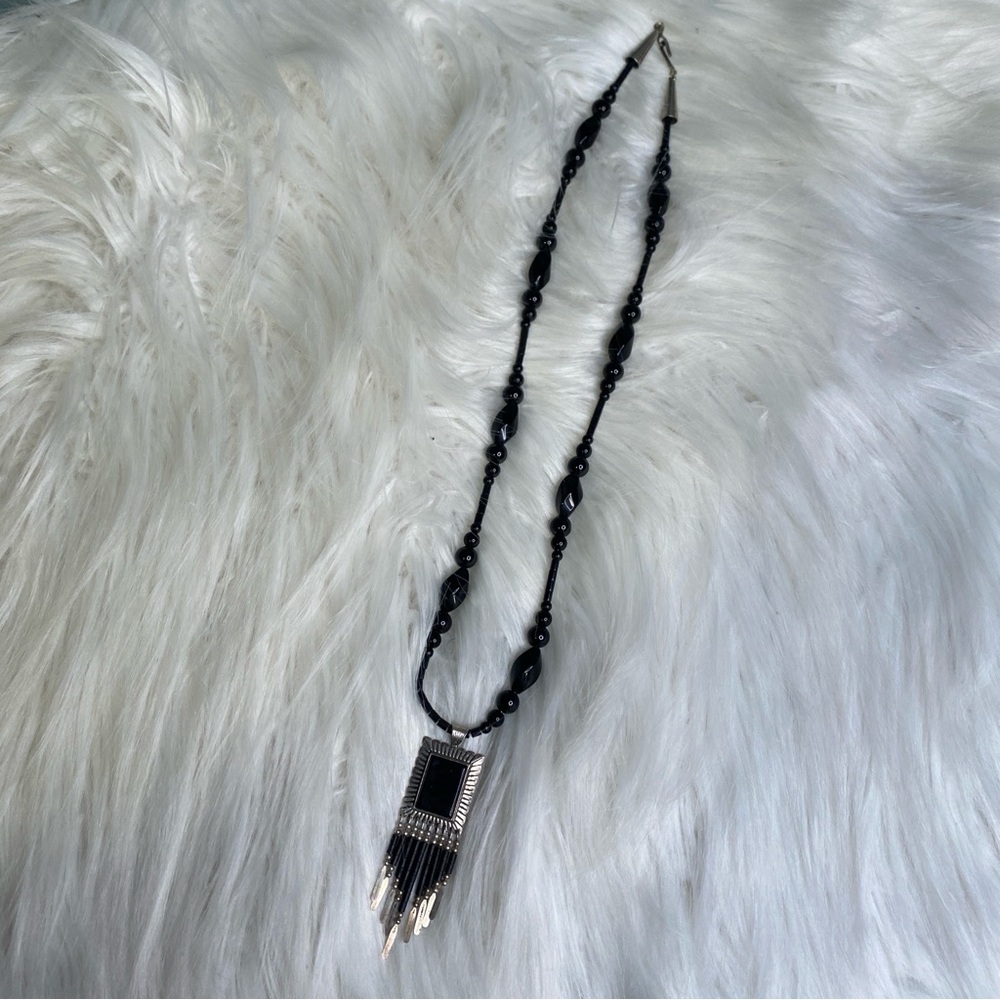 Vintage Q.T. Sterling Black Stone & Silver Bead Statement Necklace - Picture 2 of 8